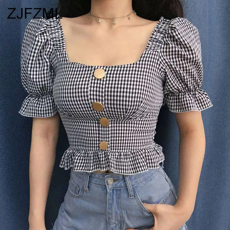 

Plaid Short Puff Sleeve Women Shirts 2019 Fashion Casual Backless Square Collar Single Breasted Female Blouses Ruffles Crop Tops