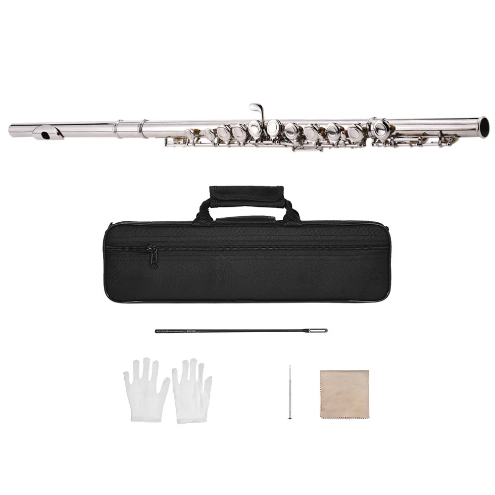 

16 Holes C Key Western Concert Flute Nickel Plated Cupronickel Woodwind Instrument with Cleaning Cloth Stick Gloves Padded Bag