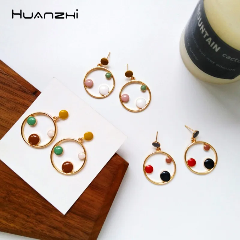 

HUANZHI 2019 Geometric Round Enamel Metal Colorful Fashion Design Chic Long Drop Earrings For Women Girls Party Travel Jewelry