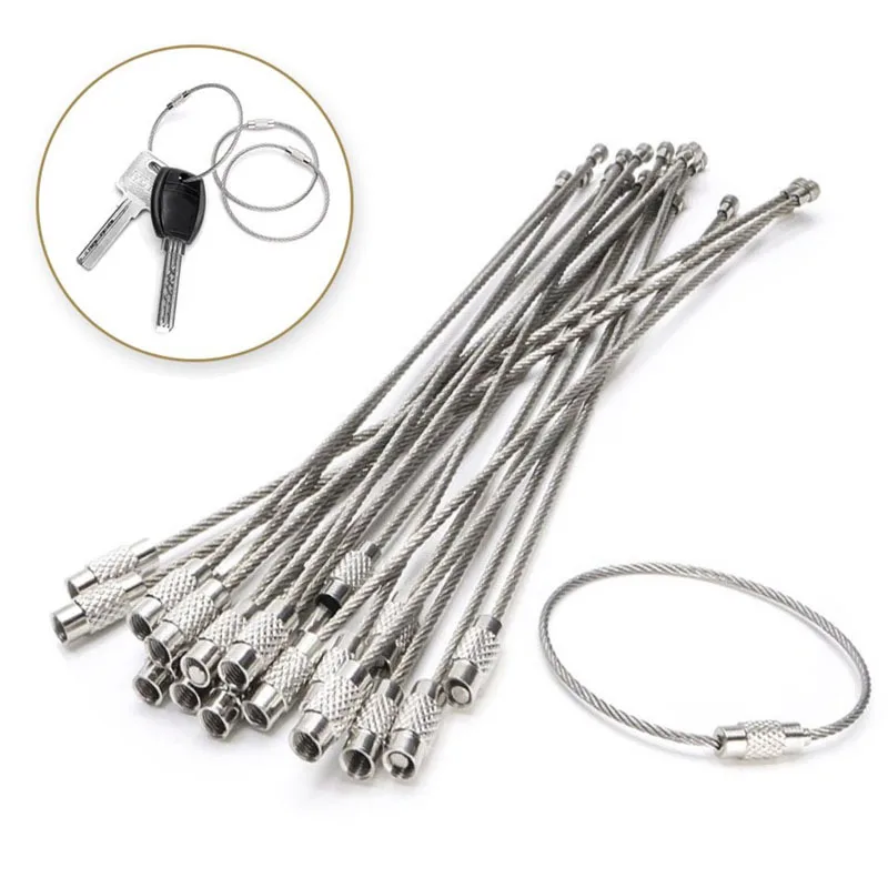 10Pcs 1.5/15cm EDC Keychain Tag Rope Stainless Steel Wire Cable Loop Screw Lock Gadget Ring Key Keyring Circle Camp Hanging Tool