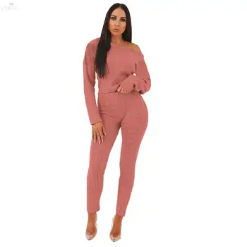 

Club Outfits Knitted Two Piece Set O Neck Long Sleeve Pullover Crop Top + Skinny Pants Highly Stretchy Women Two Piece Outfits