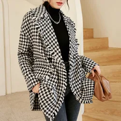 Casual preto houndstooth tweed blazer de lã feminino jaqueta xadrez overzise vintage escritório senhora casaco inverno outono outerwear chique