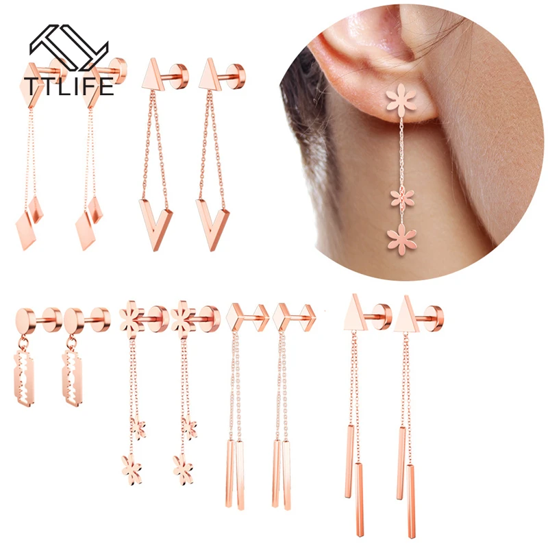 1Pair Stainless Steel Tassel Pendant Flower Dangle Cartilage Helix Labret Tragus Screw Back Earring Piercing Jewelry Exquisite | Украшения