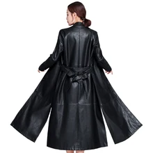 Женская кожаная куртка X-Long с поясом, Осень-зима, кожаная куртка для женщин, большие размеры, черное пальто, женский кожаный Тренч