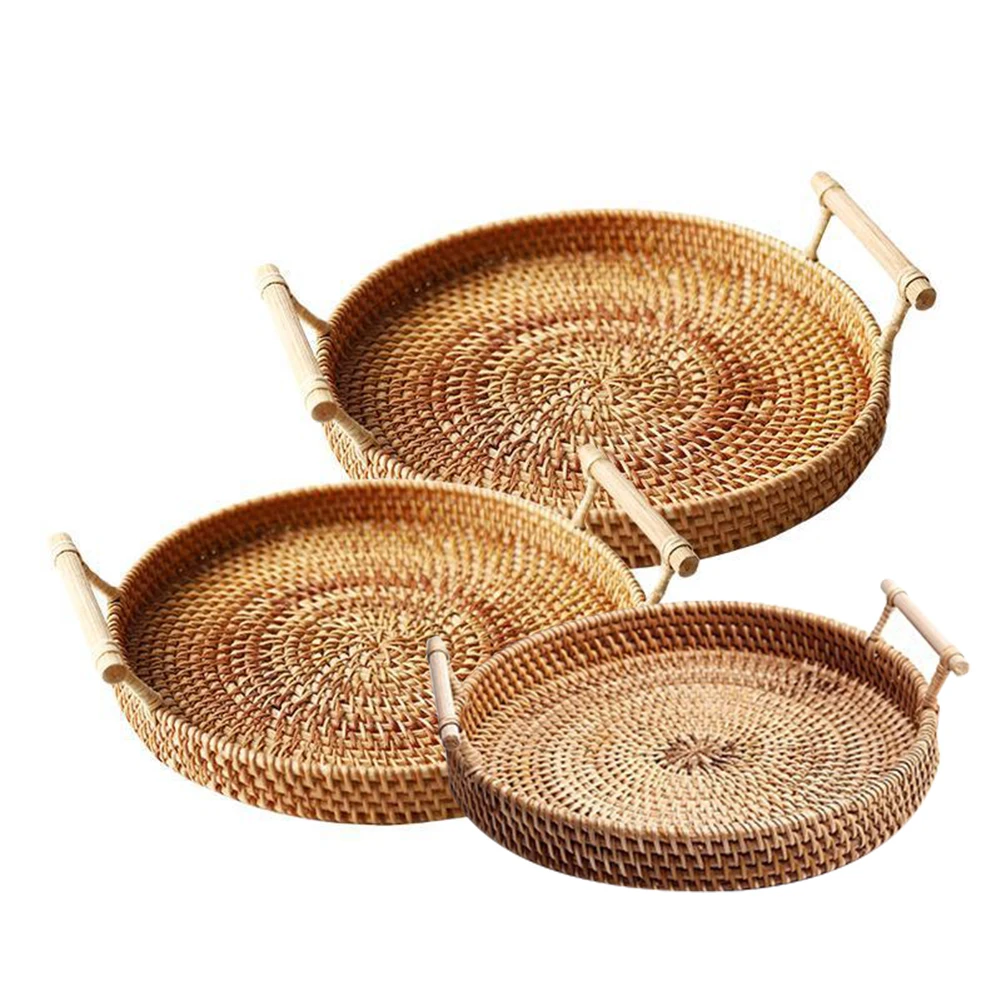 

Round Rattan Storage Tray Hand-Woven Wicker Basket With Handle For Bread Fruit Food Breakfast Display Storage Baskets