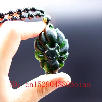 

Natural Black Green Chinese Jade Nine-tailed Fox Pendant Beads Necklace Charm Jewelry Obsidian Accessories Carved Amulet Gifts