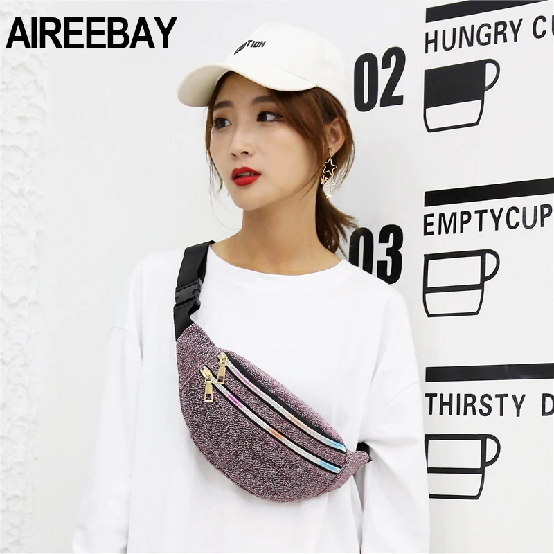 AIREEBAY Женская поясная сумка, новая брендовая модная сумка с блестками, Повседневная Женская поясная сумка, Золотая пряжа, тканевая сумка для телефона, кошелек для денег