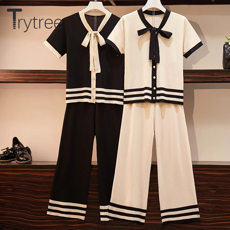 

Trytree 2019 Autumn Women Two piece Set Casual Single Breasted V-Neck Bow Button Tops +Pants Wide Leg Elastic Waist 2 Piece Set