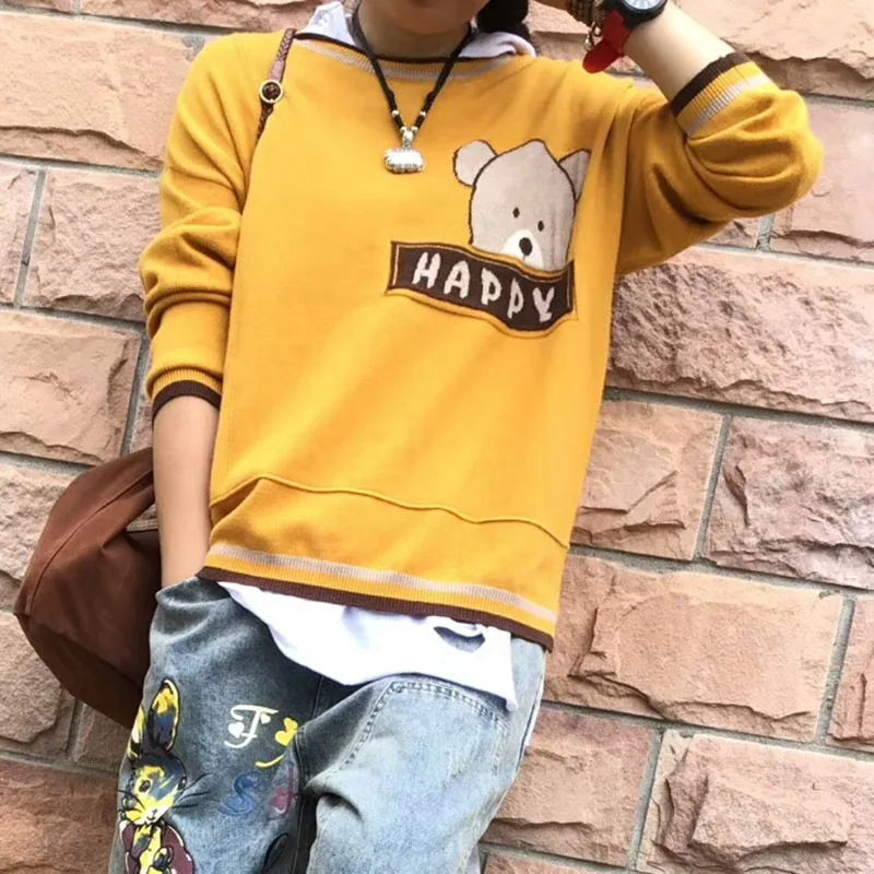

Retro Literature And Art Causal Pullover Autumn & Winter 2019 Korean-style New Style Cartoon Bear Loose-Fit Sweater Sweater Wome