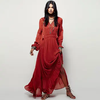 

Plus Size 2020 Summer Autumn Ladies Long Sleeve Linen Dress Ethnic Embroidery Hippie Boho People Maxi Robe Long Dress Vestido