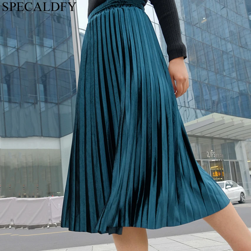 Весенне-зимняя бархатная юбка цвета металлик, Женская длинная Плиссированная юбка, Женская винтажная юбка с высокой талией, вечерние юбки, Femme Faldas Mujer