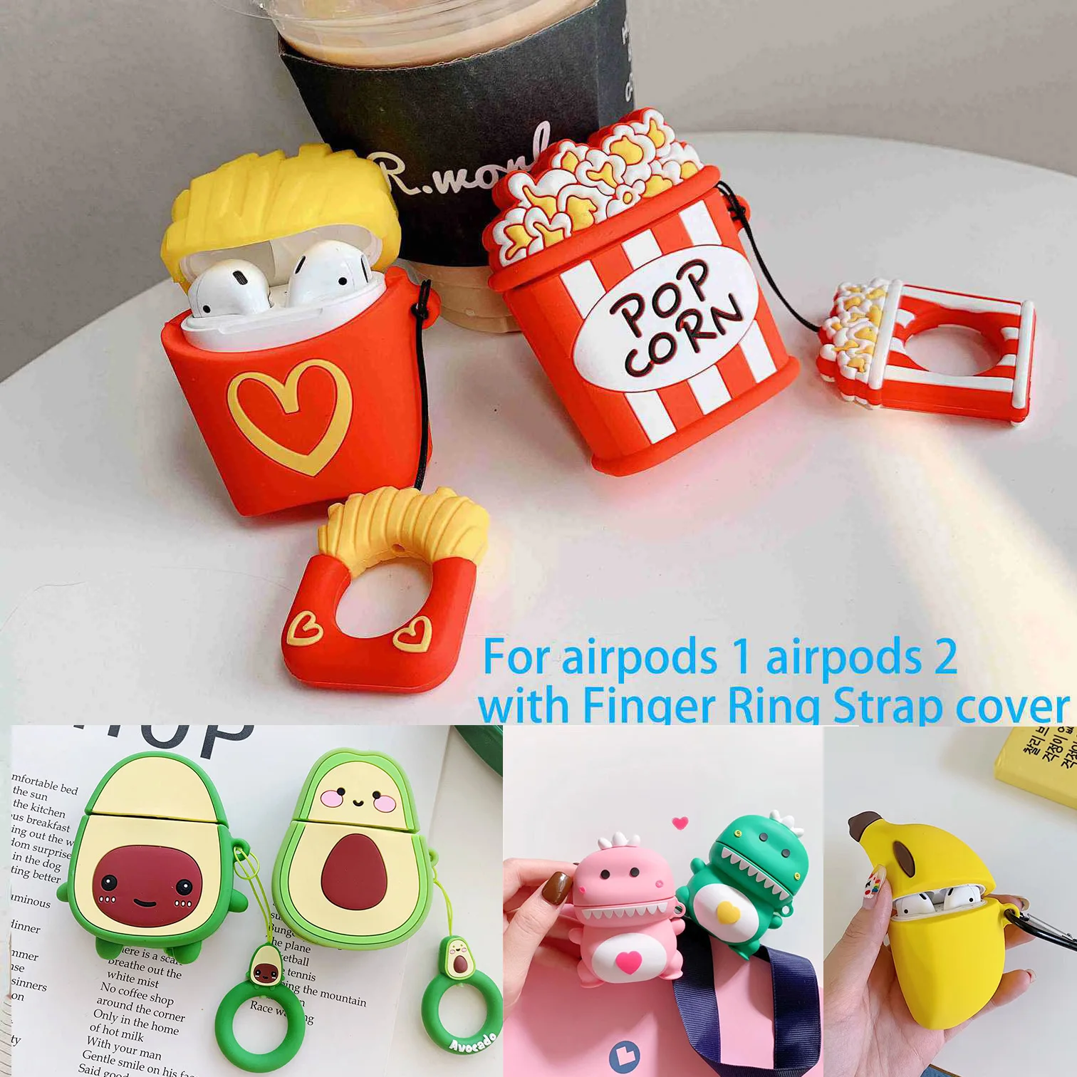For AirPods 2 Case Cute cartoon French Fry/dinosaur baby/avocado silicon headphone Cover Air pods Protect | Электроника