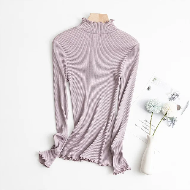 purple gray 30% шелк 70% хлопок Женская эластичная Базовая слойная рубашка с высоким воротником и длинными рукавами TG103 - Цвет: purple gray