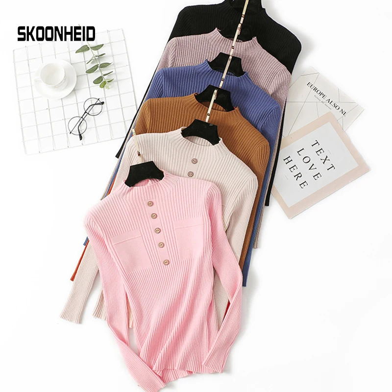 

SINGRAIN New Women Basic sweater Warm Turtleneck Knitted Pullovers Tricot button slim female autumn winter knitted Sweater