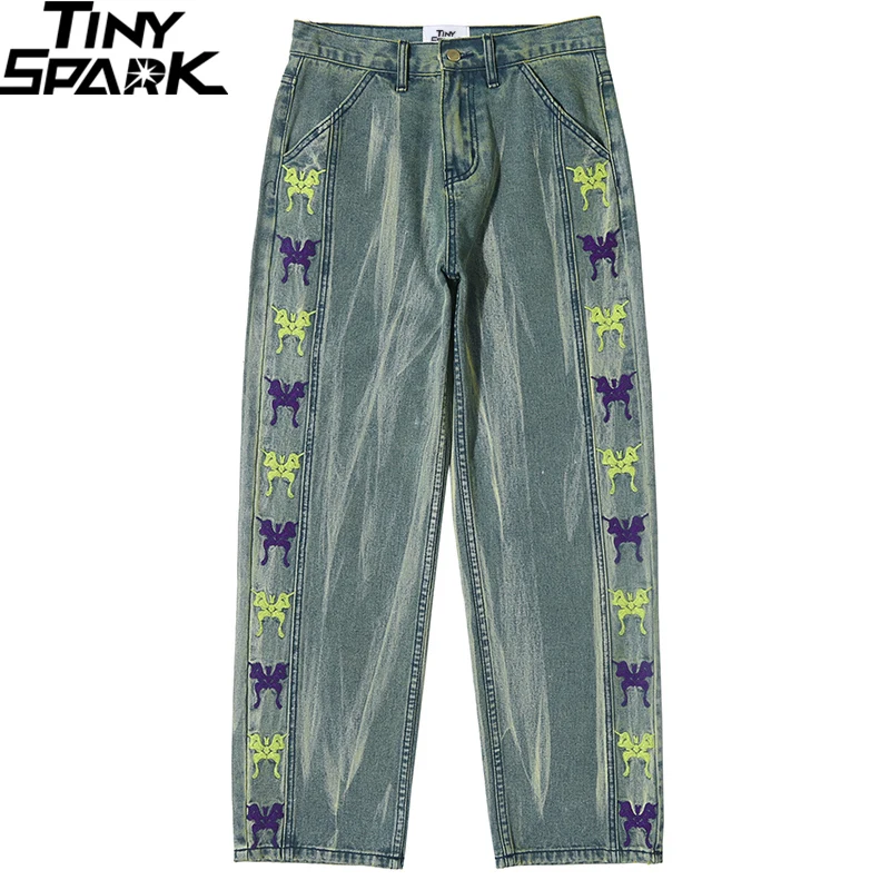 Уличная одежда, брюки, хип-хоп, мужские джинсовые брюки, вышитые бабочки, черные винтажные джинсовые штаны, Харадзюку, джоггеры, брюки из хлопка