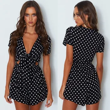 

2020 Women Clothes Rompers Playsuits Polka Dot Sexy Lace Up Short Sleeve Jumpsuit Loose Bow V-neck Crop Tops