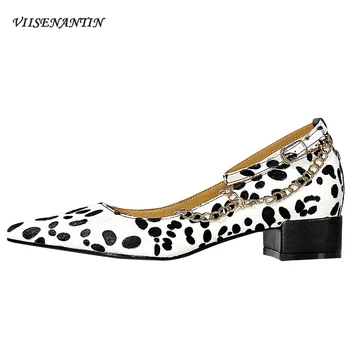 

Leopard Print Horsehair Pointed Toe Single Shoes Autumn Shallow Buckle French Thick Heel Metal Chain Decoration Women's Pumps