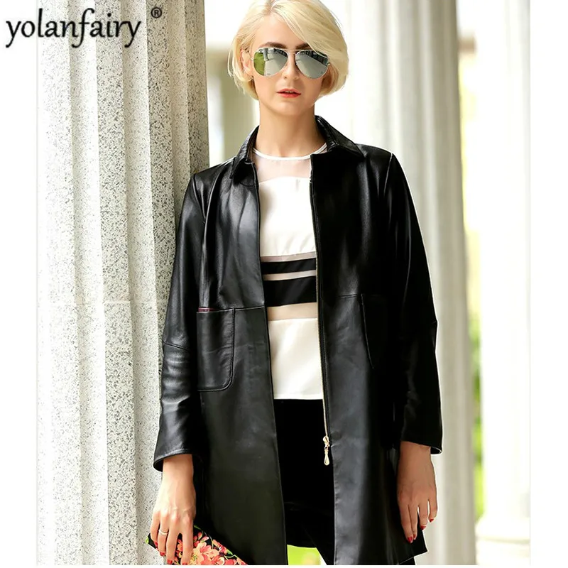 Женский Длинный тренчкот из натуральной кожи повседневный 100% овечьей