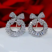 Роскошные женские серьги из белого циркониевого камня, модные серебряные золотые свадебные украшения, милые маленькие круглые серьги-гвоздики с бантом для женщин
