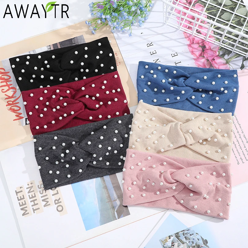 

AWAYTR Women's Headbands Pearls Head Bands Knitted Turban Bandana Autumn Winter Elastic Hairband Warm Hair Accessories Headdress