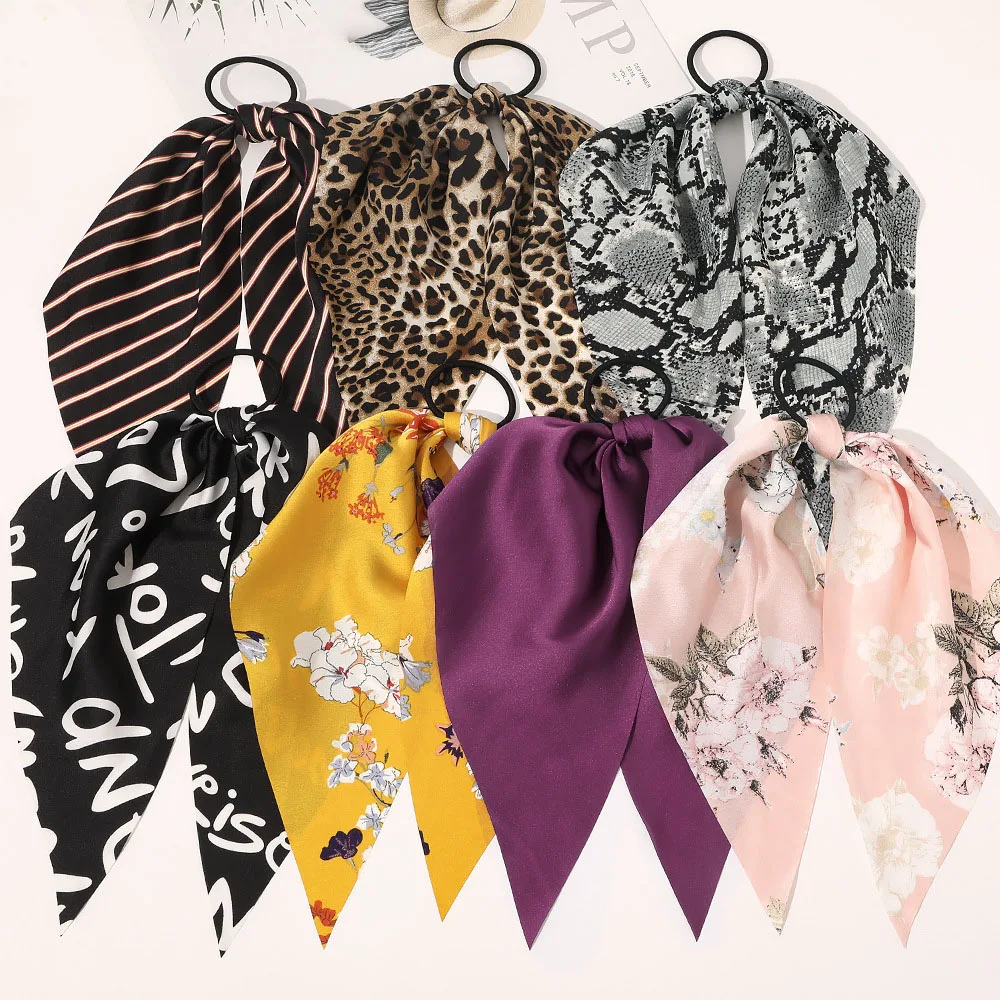 Fashion Floral Print Bow Satin Long Ribbon Ponytail Scarf Hair Tie Scrunchies Women Girls Elastic Bands Accessories |
