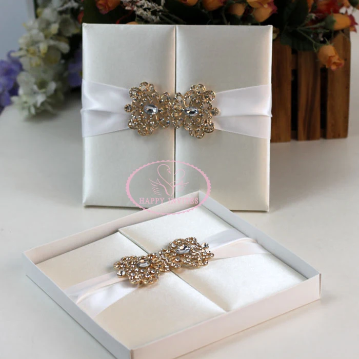 HI2003-01 Custom Beige Silk Folio Wedding Invitation with Gold Foiling Printing Factory Price More Colors Optional