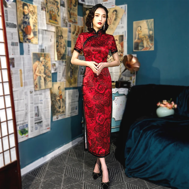 Sheng Coco размера плюс красные вечерние длинные платья Cheongsam с принтом розы шелковые Qipao китайское свадебное восточное платье женская одежда