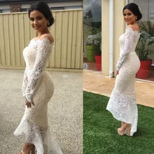 Elegante vestido de fiesta blanco para boda, encaje, Sexy, hombros descubiertos, Midi, para Festival Social