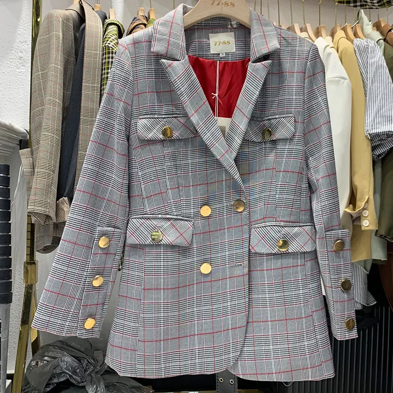 autumn and winter new loose long-sleeved lacing waist long section retro plaid suit jacket female