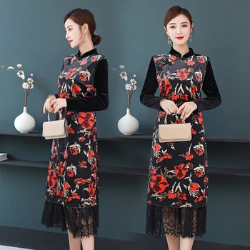

2020 Autumn Temperament Velvet Dress Lace Stitching Broken Flower Long Sleeve Floral Office Lady Robe Longue Femme Dresses