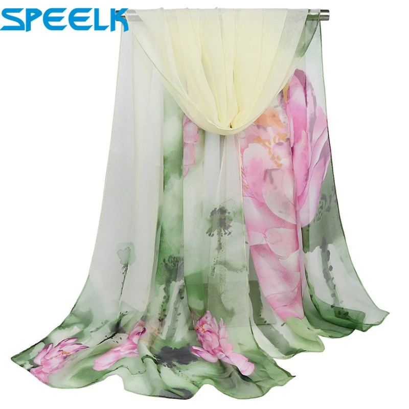 New Lotus Oil Painting Scarves Women Thin Long Shawl Scarf Lady Autumn Printed Silk Wraps Female Flower Hijab Stoles Wholesale