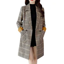 Осенне-зимнее шерстяное женское клетчатое длинное пальто с карманами, модное Брендовое Сексуальное Женское пальто с отворотом и длинным рукавом# B