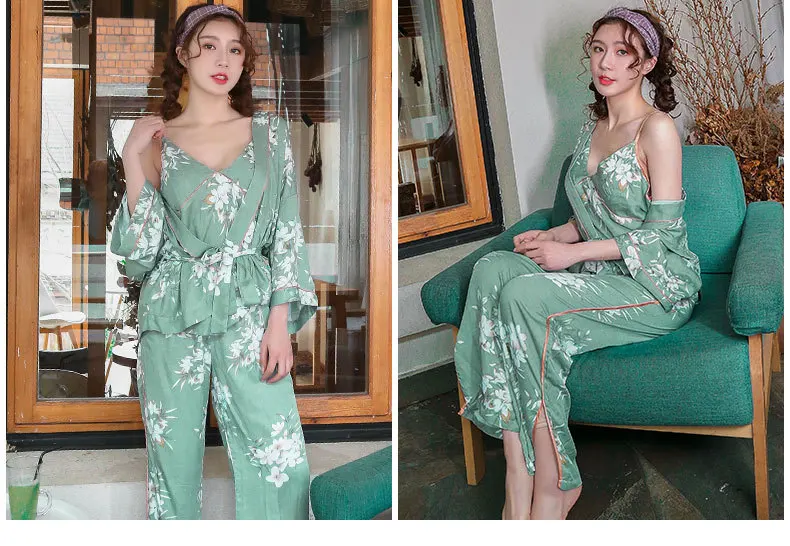 Vintage Rural Style Home Service 3 Piece Set Women's V-neck Sling Long-sleeved Nightgown Print Pajamas Set Casual Pajamas Sets
