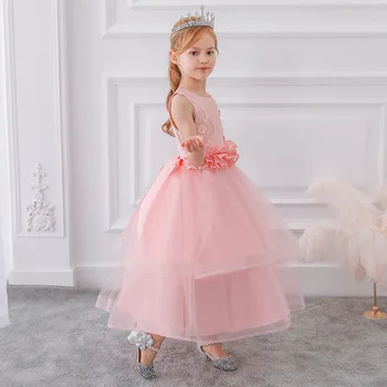 

2020 girls long dress satin embroidered big bow British style princess dress teen children party elegant dress