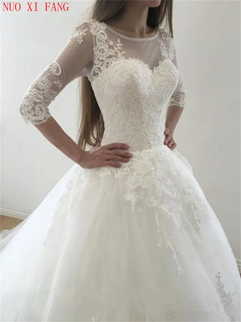 Gorgeous Ball Gown Wedding Dresses Sheer Neck Half Sleeves vestidos de noiva Appliques Lace Tulle Wedding Gowns Bridal Dresses