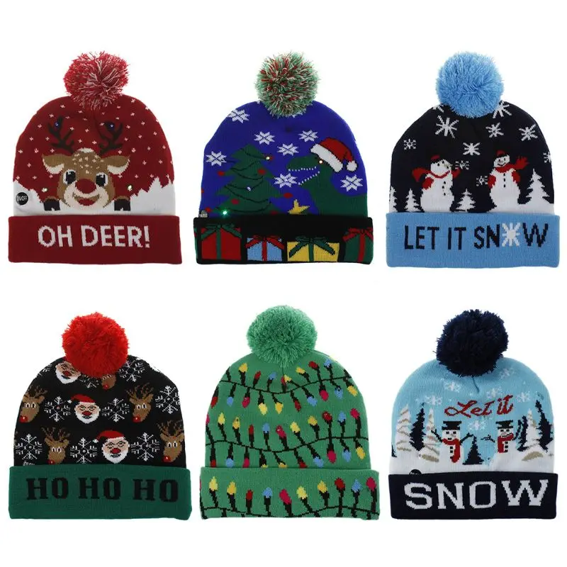 

Novelty LED Light Up Knitted Cap Holiday Christmas Colorful Ugly Sweater Funny Patterns Cap Pompom Beanie Cuffed Hat Gift