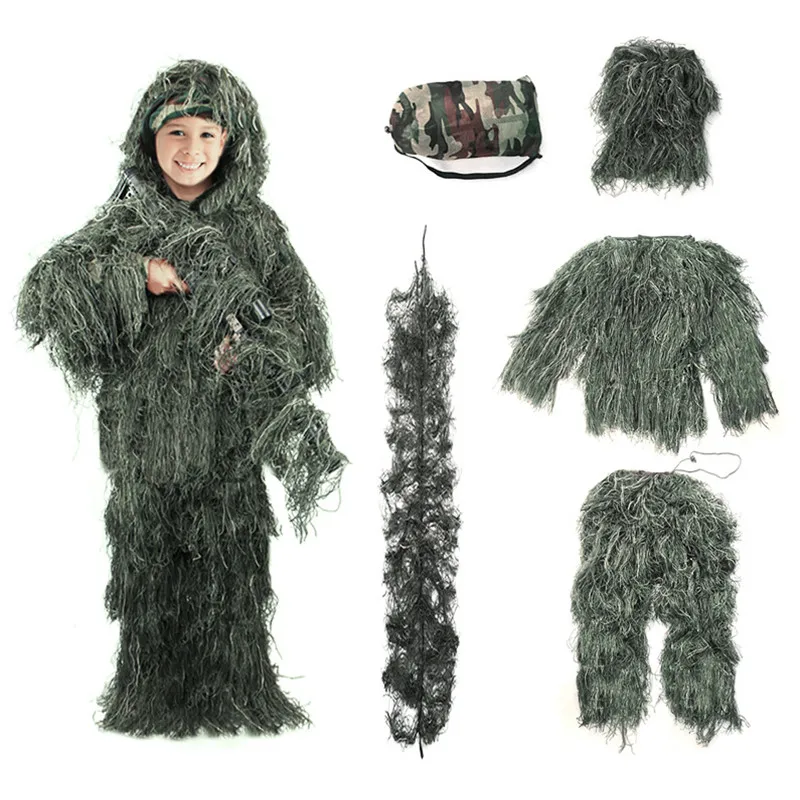 5PCS kids Ghillie Suits child Camouflage Tactical Army Jungle Military Tactical Suit Tops Pants Hats Birding Suit