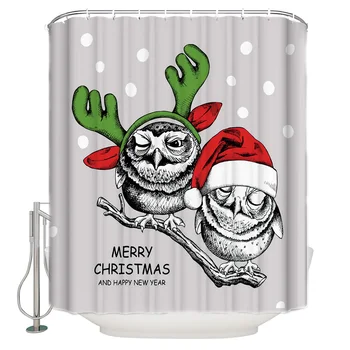 

An Owl With A Red Santa Hat And Green Antlers On The Background Of The Christmas Themed Winter Polyester Fabric Shower Curtain