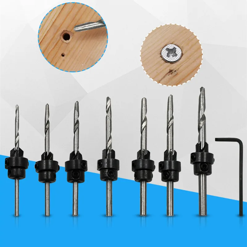 

7 pcs Professional Countersink Drill Bit Set Tampered Drill Wood Screw Drills Stop Collar Woodworking Countersinks Drills Bits