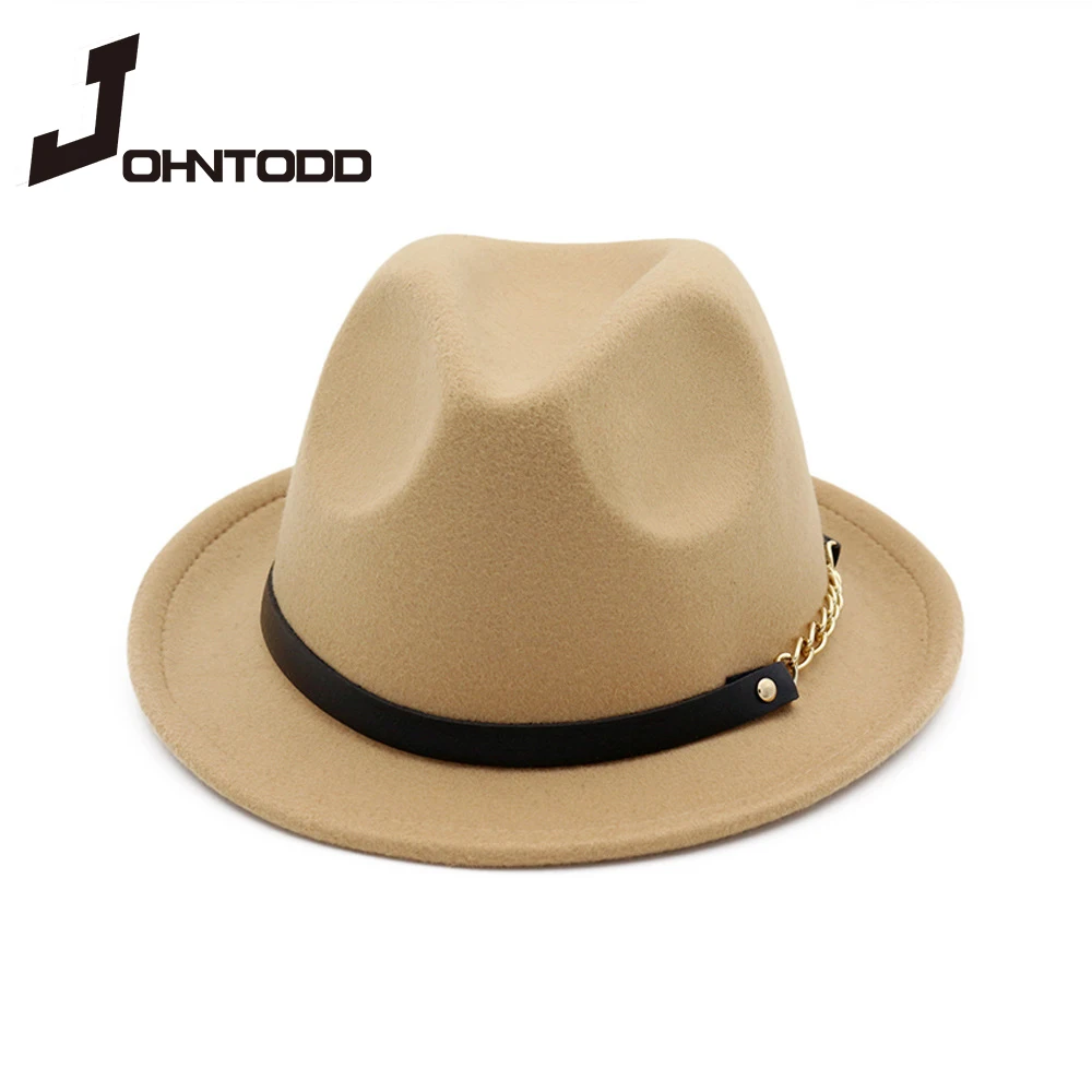 

The New Autumn Winter Wool Felt Trilby Hats with Belt Wide Flat Brim Jazz Formal Fedora Top Hat Panama Cap for Unisex Men Women