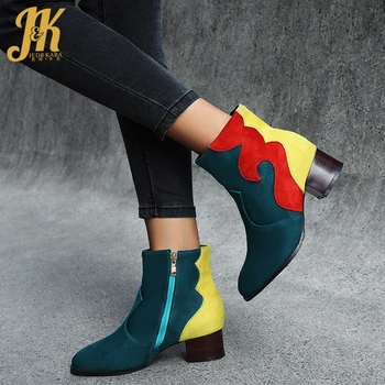 

JK Colorful Flock Ankle Boots Women Thick Heels Booties Ladies Zip Shoes Female Round Toe Casual Shoes Female Winter Shoes 2020