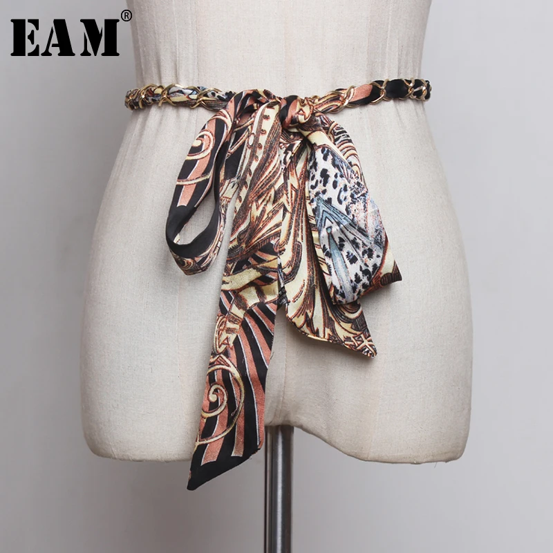 

[EAM] Mixed Color Chain Print Bow Bandaga Long Belt Personality Women New Fashion Tide All-match Autumn Winter 2019 1B371