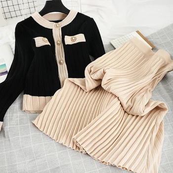 

2020 Spring Autumn Knitted 2 Piece Set Chic Office Ladies Single Breasted Pearl Buttons Cardigan Sweater+Pleated Long Skirt Suit