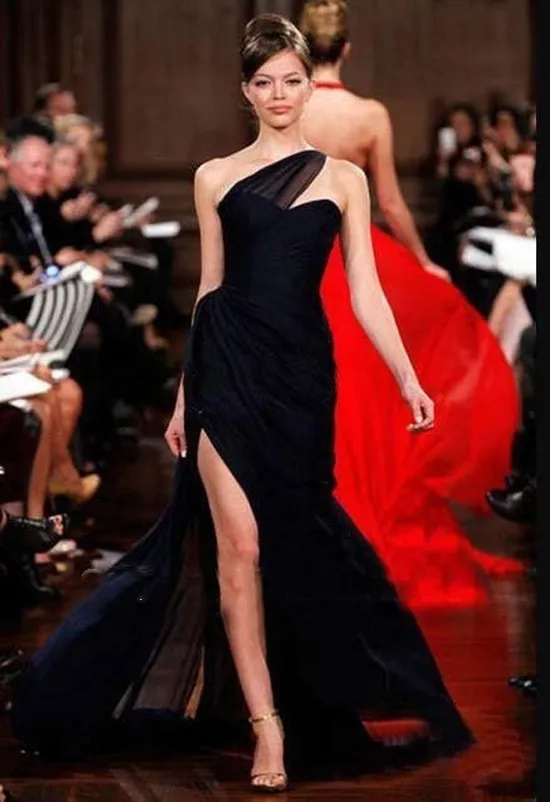 На заказ новые сексуальные черные шифоновые платья знаменитостей на одно плечо с разрезом и поясом vestido de Festa