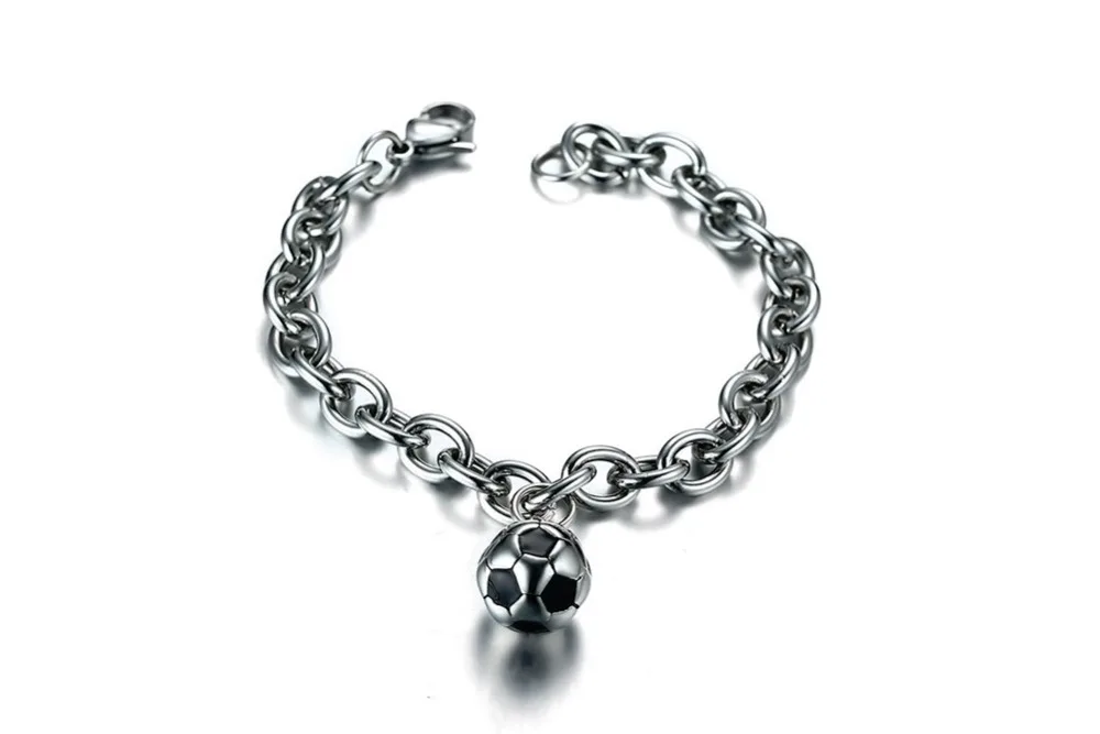 Fashion Mens Chain Bracelet with Soccer Ball Charm Stainless Steel Football Sports Jewelry Lobster Claw 14