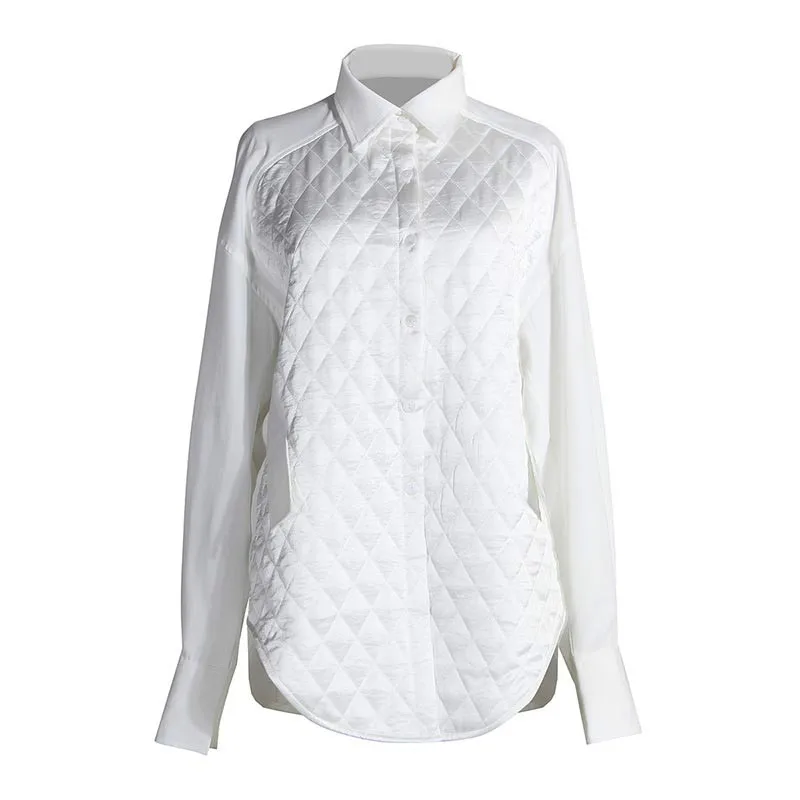 

Casual Pacthwork Argyle Women Blouses Lapel Collar Lantern Long Sleeve Loose Shirts For Female Clothing 2020 Tide