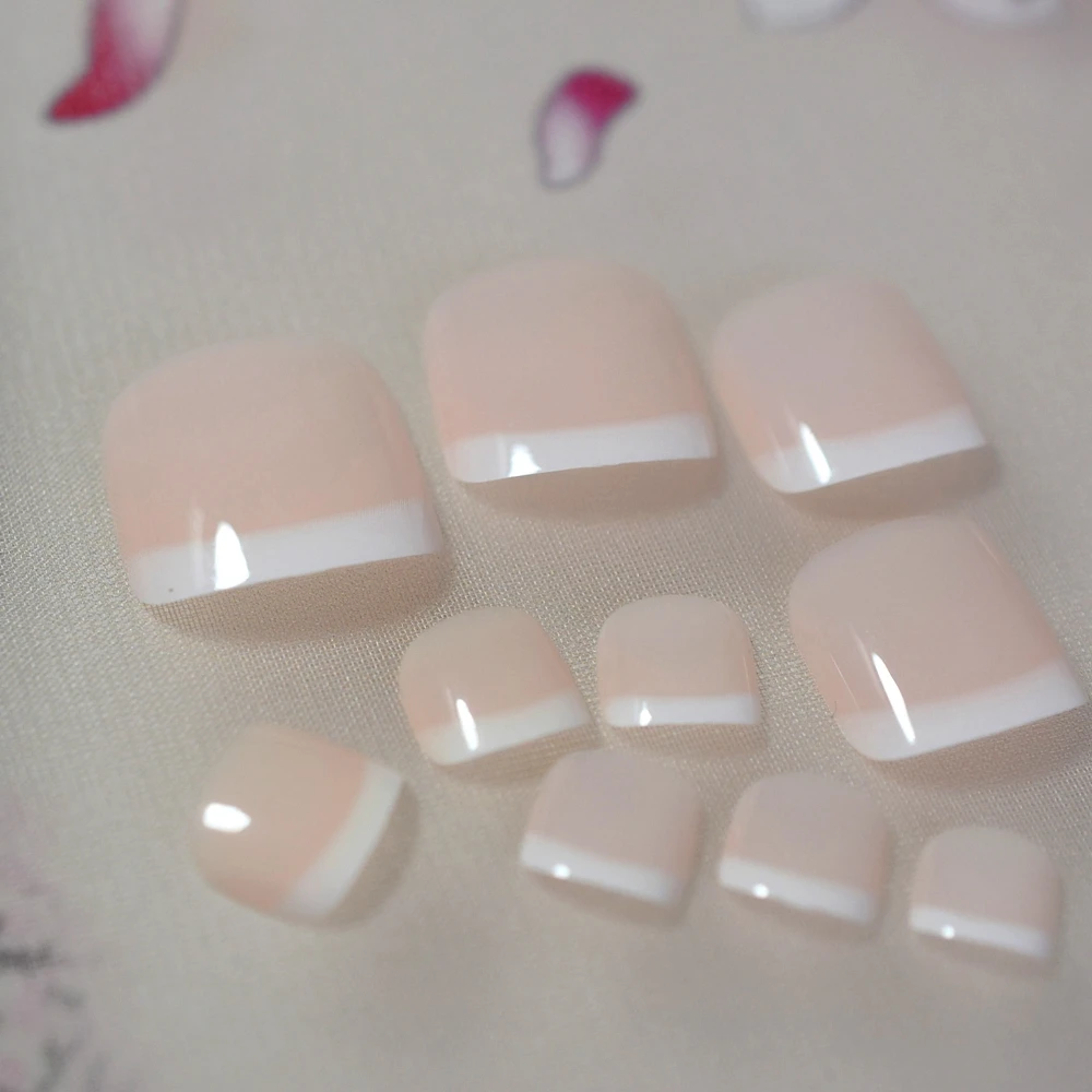 Uñas postizas artificiales para dedos de los pies, manicura de Diseño ancho,  Beige y blanco, estilo francés, muestra tu hermoso verano|Uñas postizas| -  AliExpress