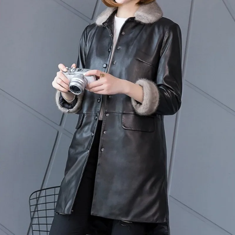 Женский брендовый пуховик из натуральной кожи новинка 2020 года однобортный