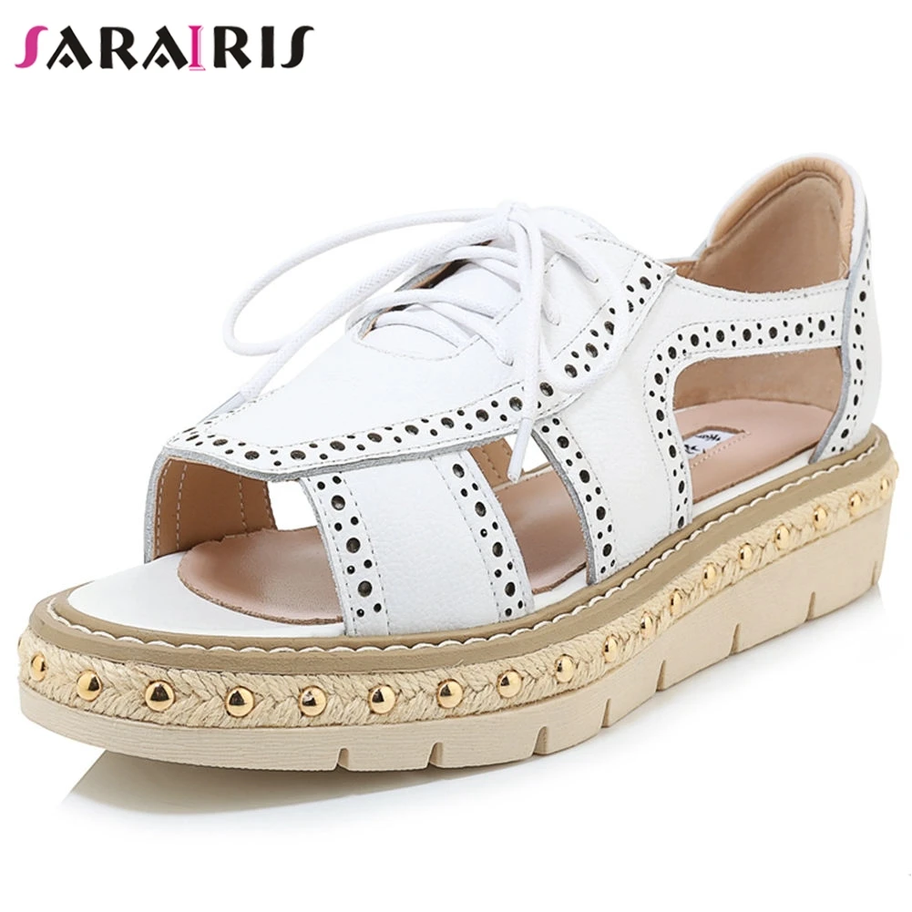 

SaraIris Solid Retro Brogue Lace Up Sandals Women Casual Open Toe Sandals Ladies Shoes