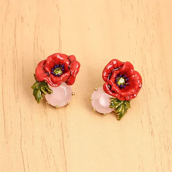 

New Product Hand Painted Enamel Glaze Red Rose Flower Zircon Earrings Earrings Gold Plated Female Jewelry